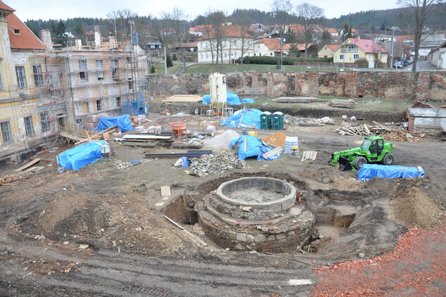 Zemní práce na zahradě a archeologický výzkum u kašny.