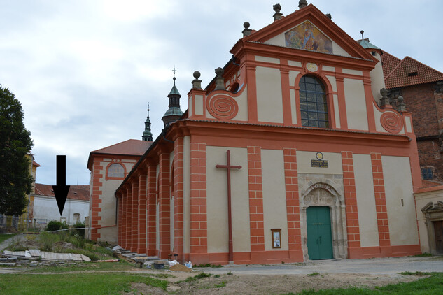 Barokní kostel Nanebevzetí Panny Marie. V levé části snímku je šipkou vyznačeno místo nálezu pozůstatků zaniklé románské kaple sv. Bartoloměje.